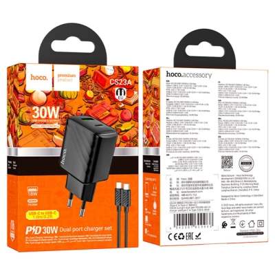 Зарядний пристрій HOCO CS23A USB-C PD30W + 1xUSB QC3.0 + cable USB-C to USB-C black (6942007609968)